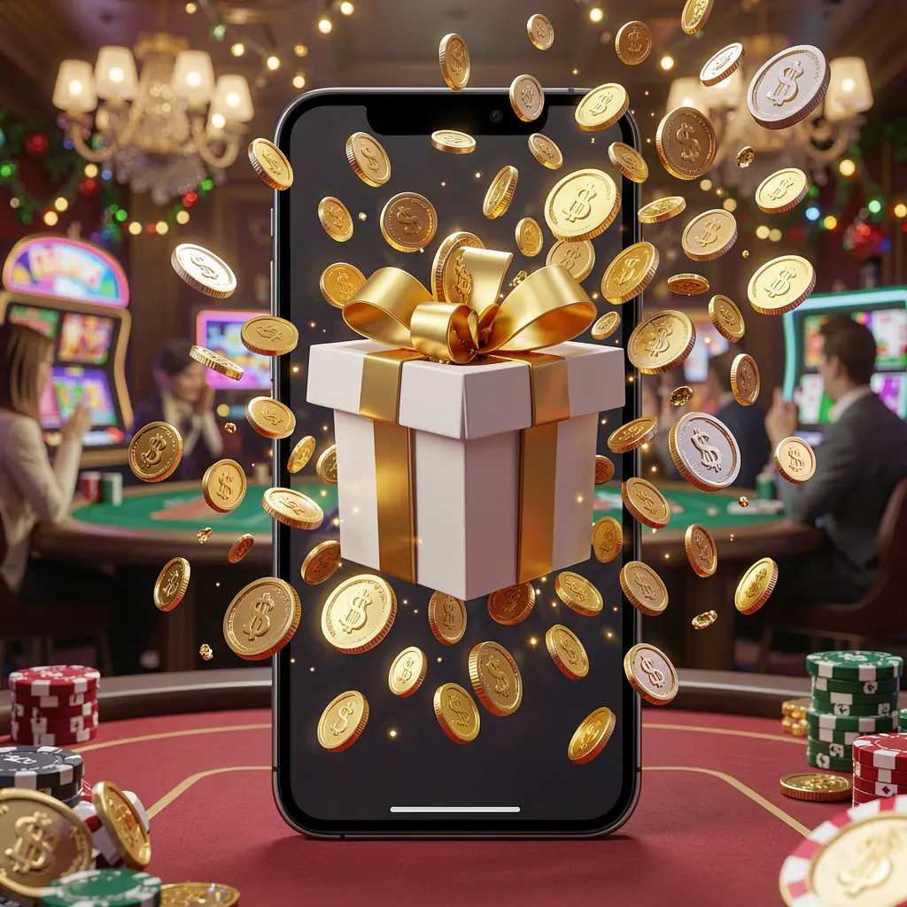 GO66 mobile casino bonus app concept showing a phone screen with a gift box and coins bursting out in a festive casino atmosphere, premium 3D illustration