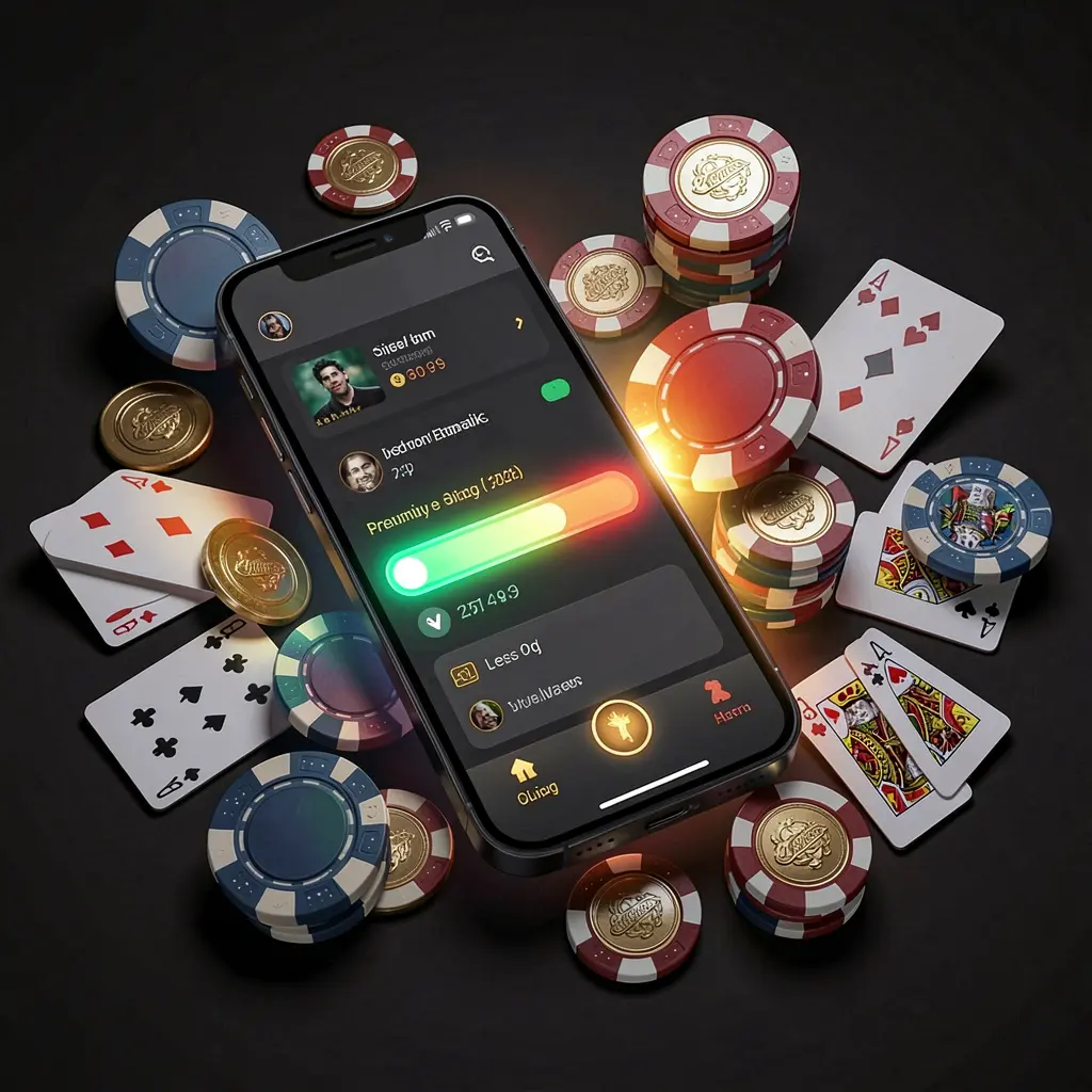 GO66 casino app installation on a smartphone with a glowing progress bar, surrounded by coins, chips, and cards against a dark background