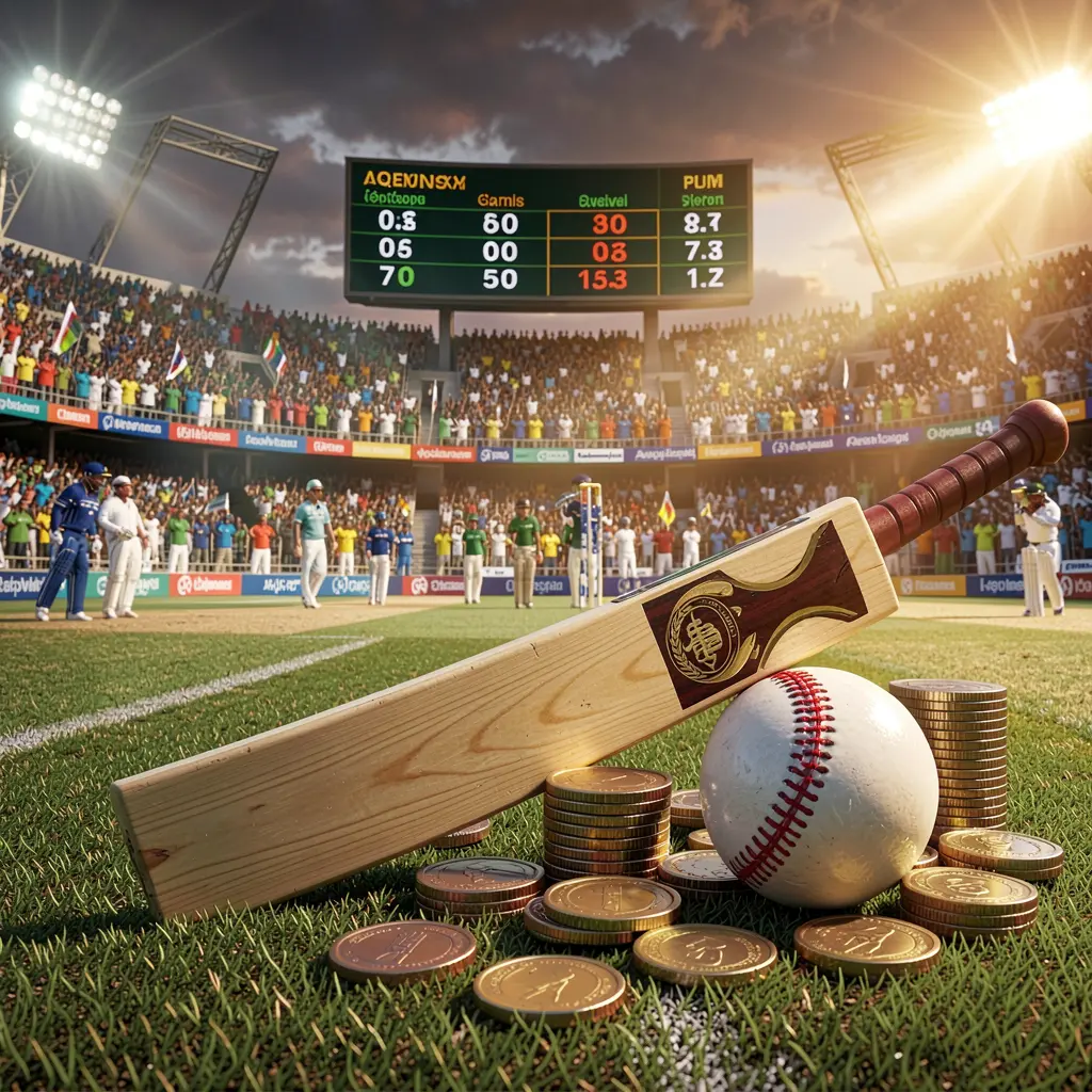 GO66 premium cricket betting scene featuring a cricket stadium filled with a crowd, a bat and ball in the foreground, digital odds graphics, and coins illuminated by dramatic lighting in a high detail 3D render