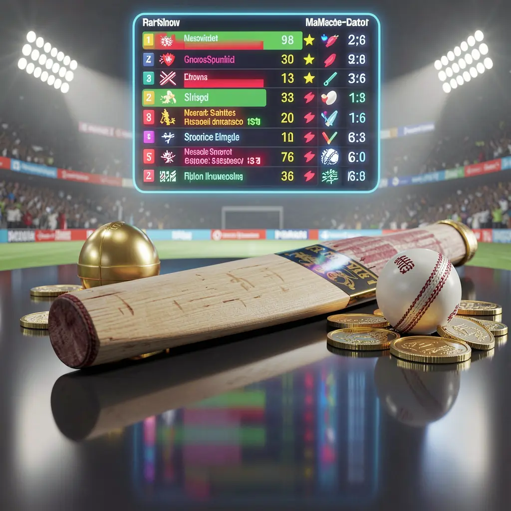 GO66 premium sports betting image featuring a cricket bat on a glossy dark surface with a cricket ball, golden coins, glowing match statistics, and stadium lights in a realistic 3D render