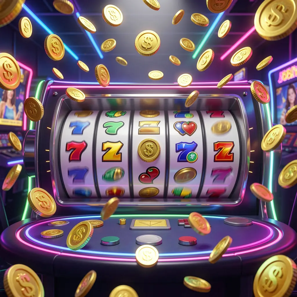 GO66 free spins casino image featuring slot machine reels spinning with golden coins flying everywhere under colorful neon lights, creating an exciting jackpot mood in a premium 3D illustration