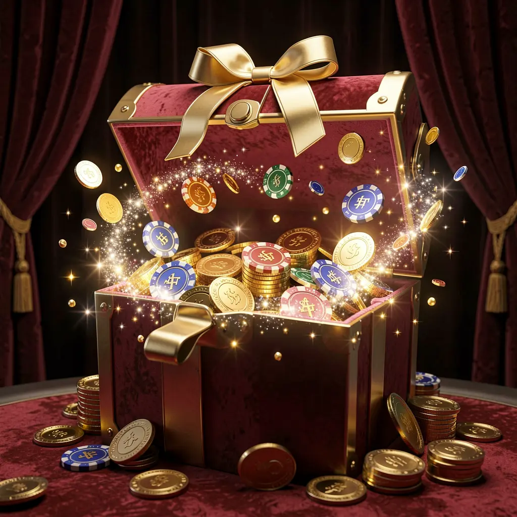 GO66 no deposit casino bonus concept featuring a glowing gift box filled with free casino chips and golden coins against a luxury dark background with magical sparkle effects creating an exciting reward atmosphere