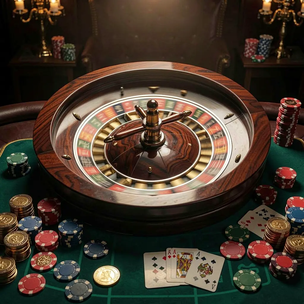 GO66 classic casino scene featuring a spinning roulette wheel, scattered chips, playing cards, and coins on an elegant dark table with cinematic lighting