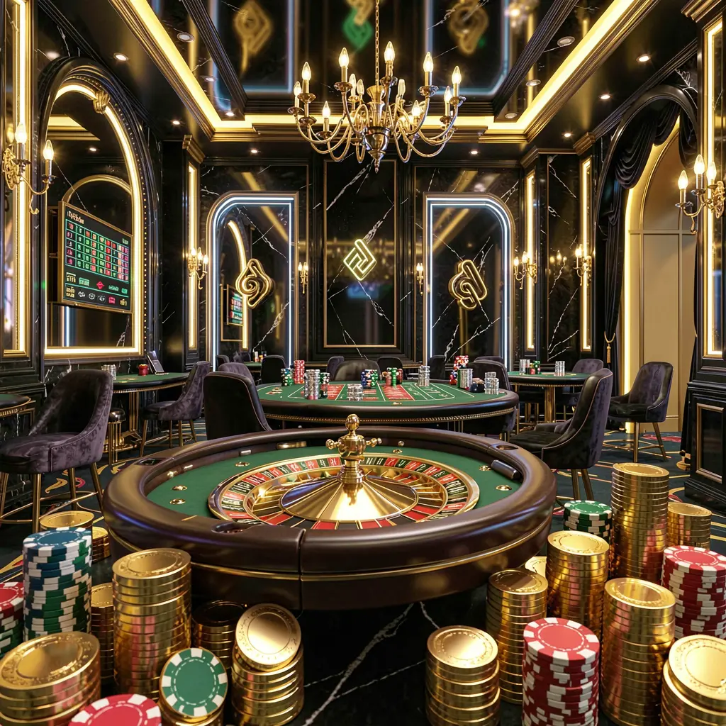 Luxury casino hall with roulette table, poker chips, and golden coins in a premium black and gold atmosphere, glowing neon lights, cinematic 3D render showcasing GO66 online casino