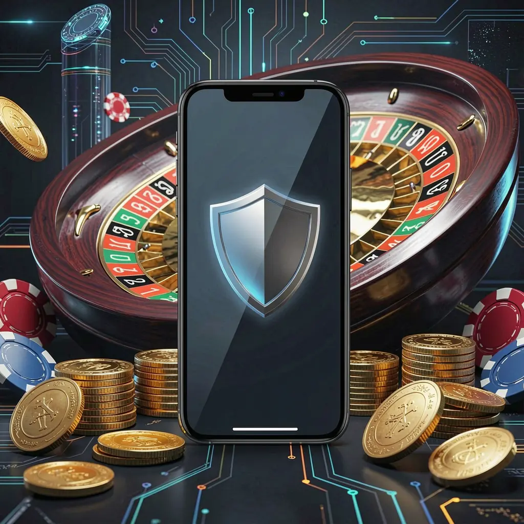 GO66 secure mobile casino login screen displaying a phone with a shield icon, roulette wheel, poker chips, and golden coins in a dark cyber luxury setting