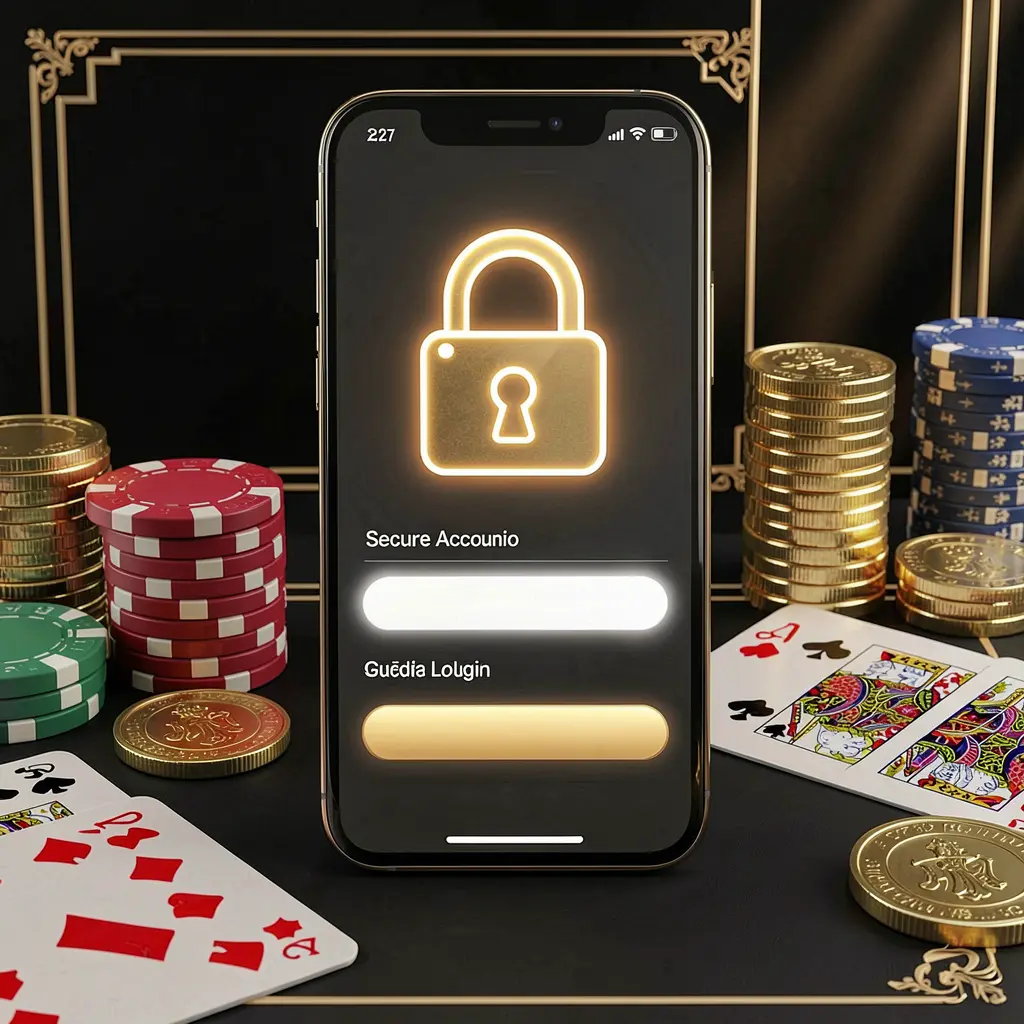 GO66 secure casino account login concept showing a glowing lock icon on a smartphone screen with poker chips, playing cards, and golden coins on an elegant black and gold background in a realistic 3D render
